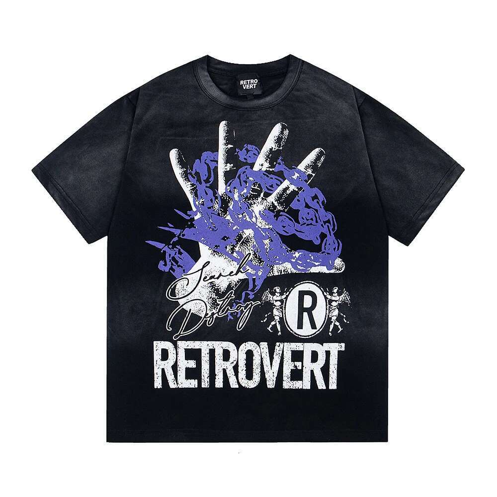 New Summer Hands Letter Print Short Sleeve Tshirts Mens Streetwear Vintage Washed Baggy Cotton Tees Oversized Unisex Loose Tops