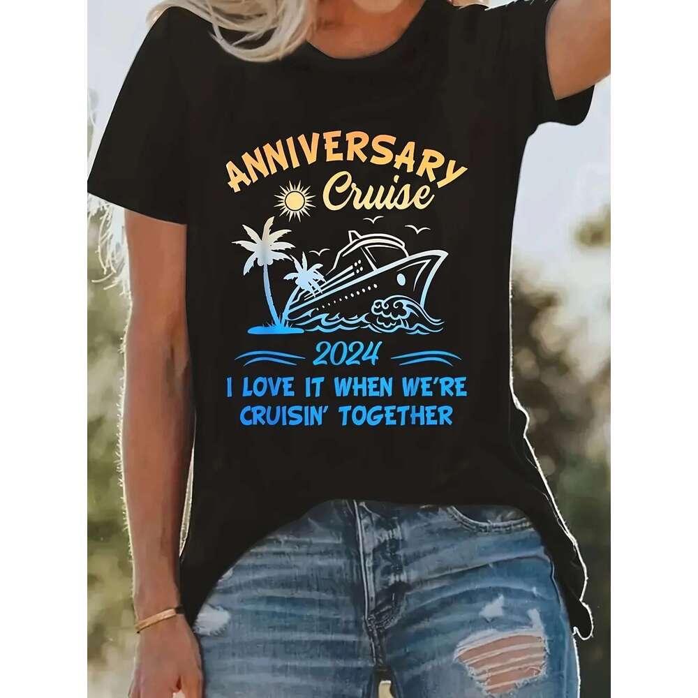 Family Cruise I Love It When We're Cruisin' Together Haruku Plus Size T-Shirt Women Round Neck Tee Top Fashion Loose