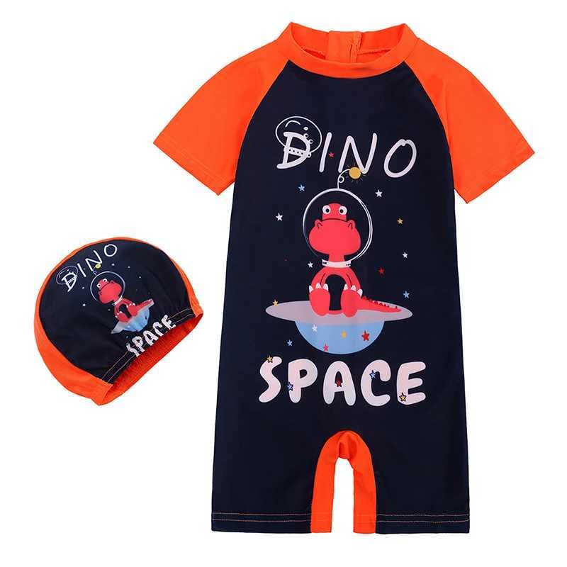 Newborn Baby Infant Boys Swimsuit with Hat Dinosaur Print Short Sleeve Round Neck Half Zipper Girl Jumpsuit Bathing Suit Z250214