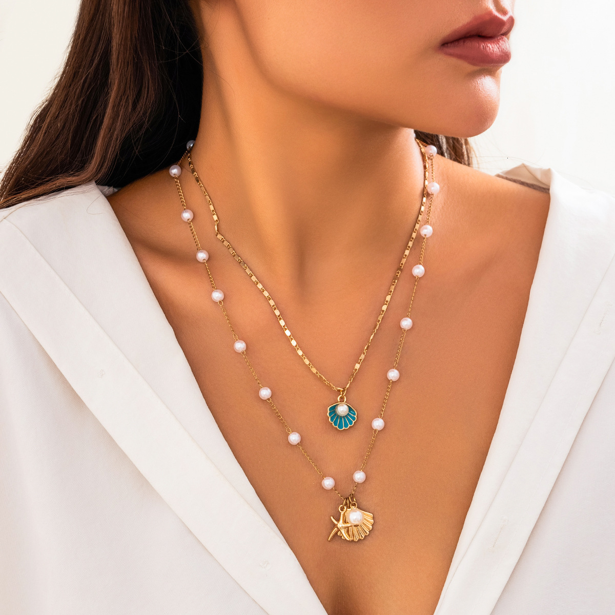 fashion Versatile Jewelry Women's Imitation Pearl Collar Chain Ocean Style Fake Shell Starfish Necklace Woman
