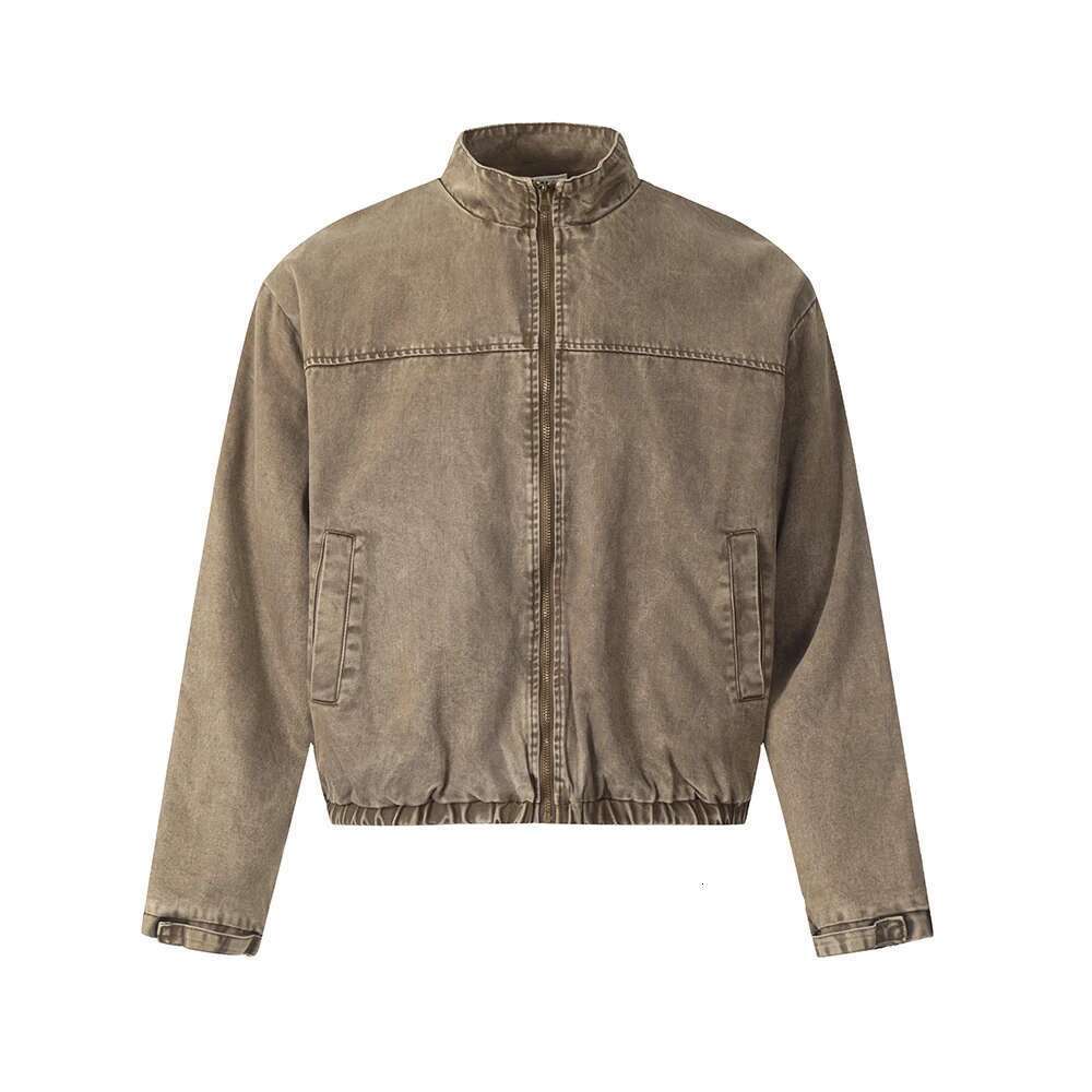 Washed Cleanfit Windbreaker Stand Jeans Jacket For Men Solid Vintage Casual Outwear Denim Coat Oversized Clothing