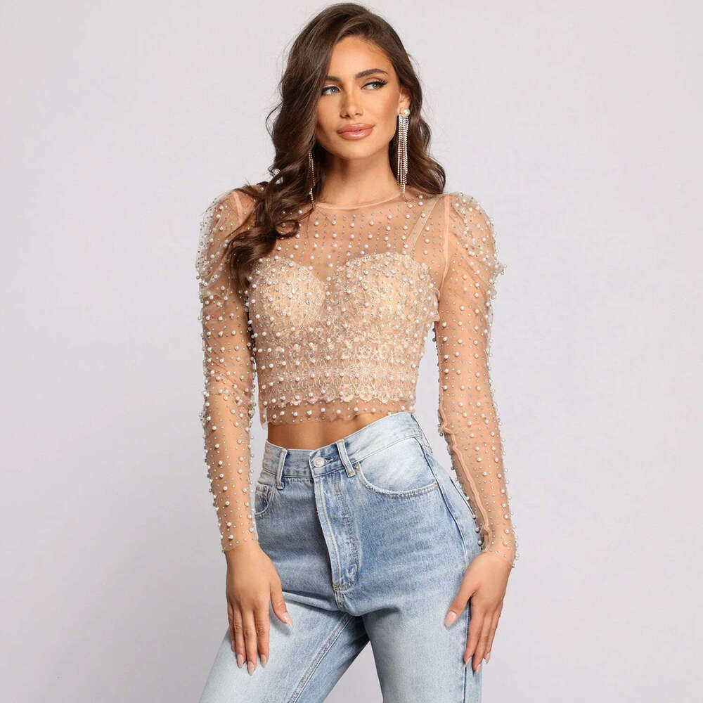 Summer Hot Pot Dia Bead Bubble Sleeve Mesh Top 2025 New Casual Fashion Trendy Clothing