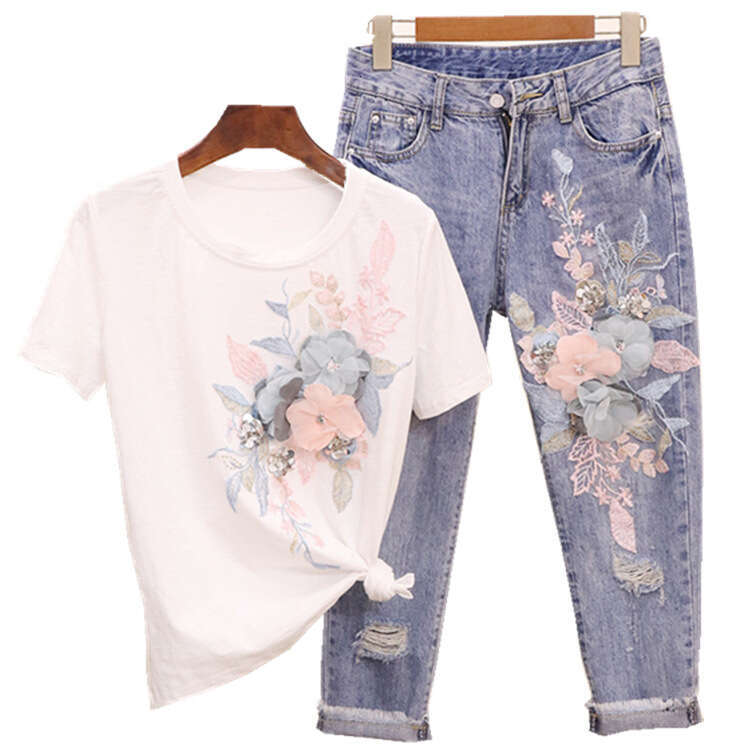 Cowboy suit women's summer 2024 new embroidered sequin three-dimensional flower short sleeved t-shirt+ripped cropped jeans