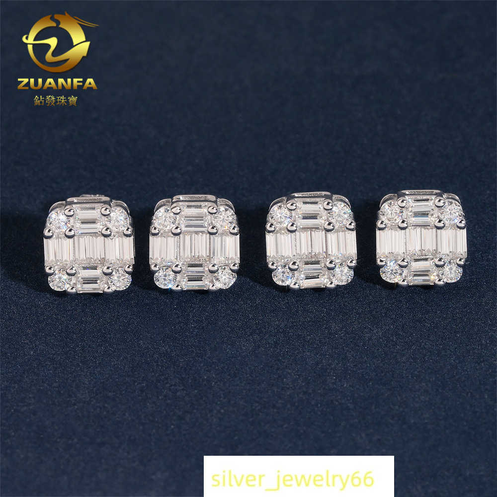 Diamond hair hip-hop light luxury S925 silver moissanite square male and female couple earrings can be tested with diamond pen