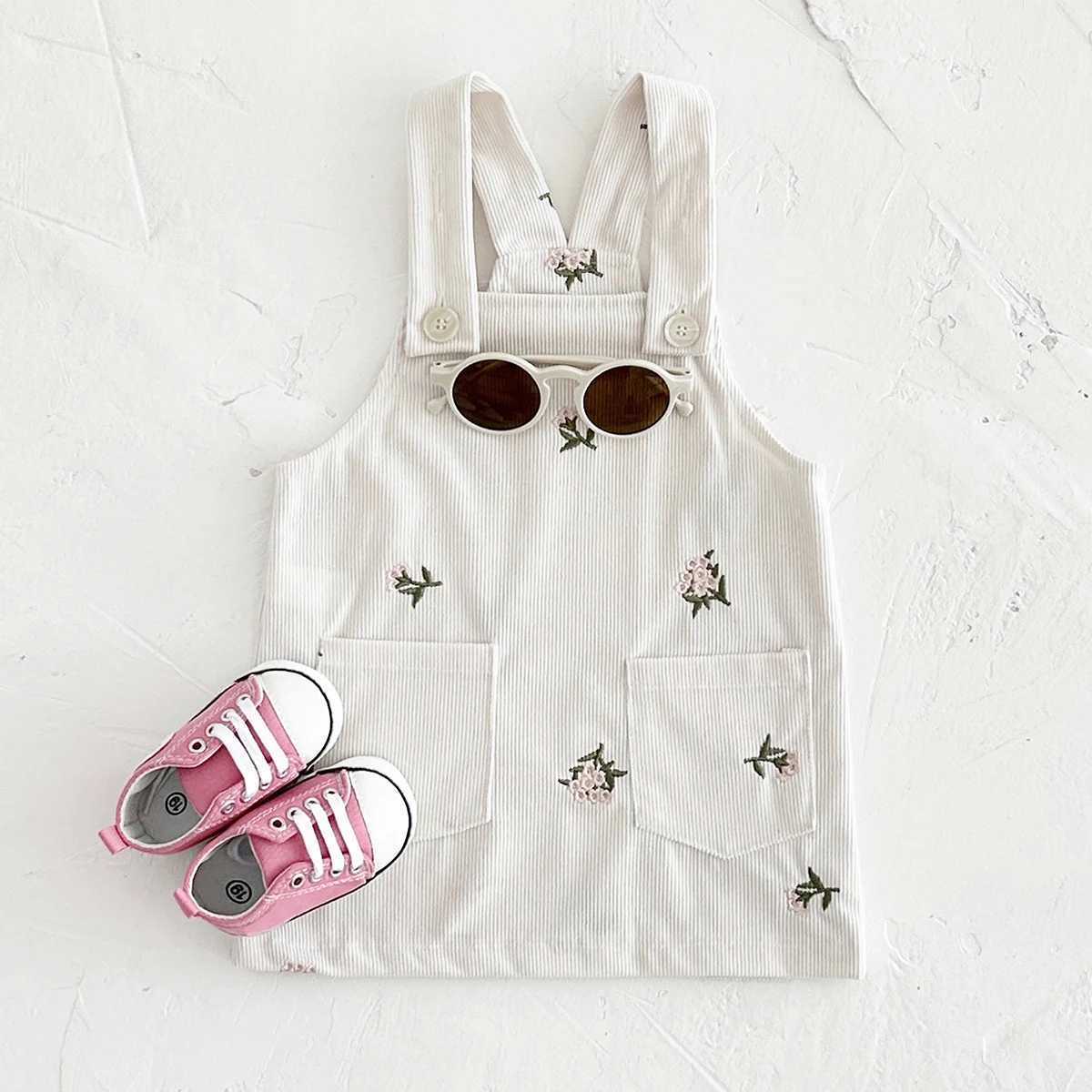 INS Baby Girls Strap Dress Flower Embroidery Heavy Denim Dress Pocket Button Bodysuits Autumn Newborn Baby Clothes 0-3Y Z250214