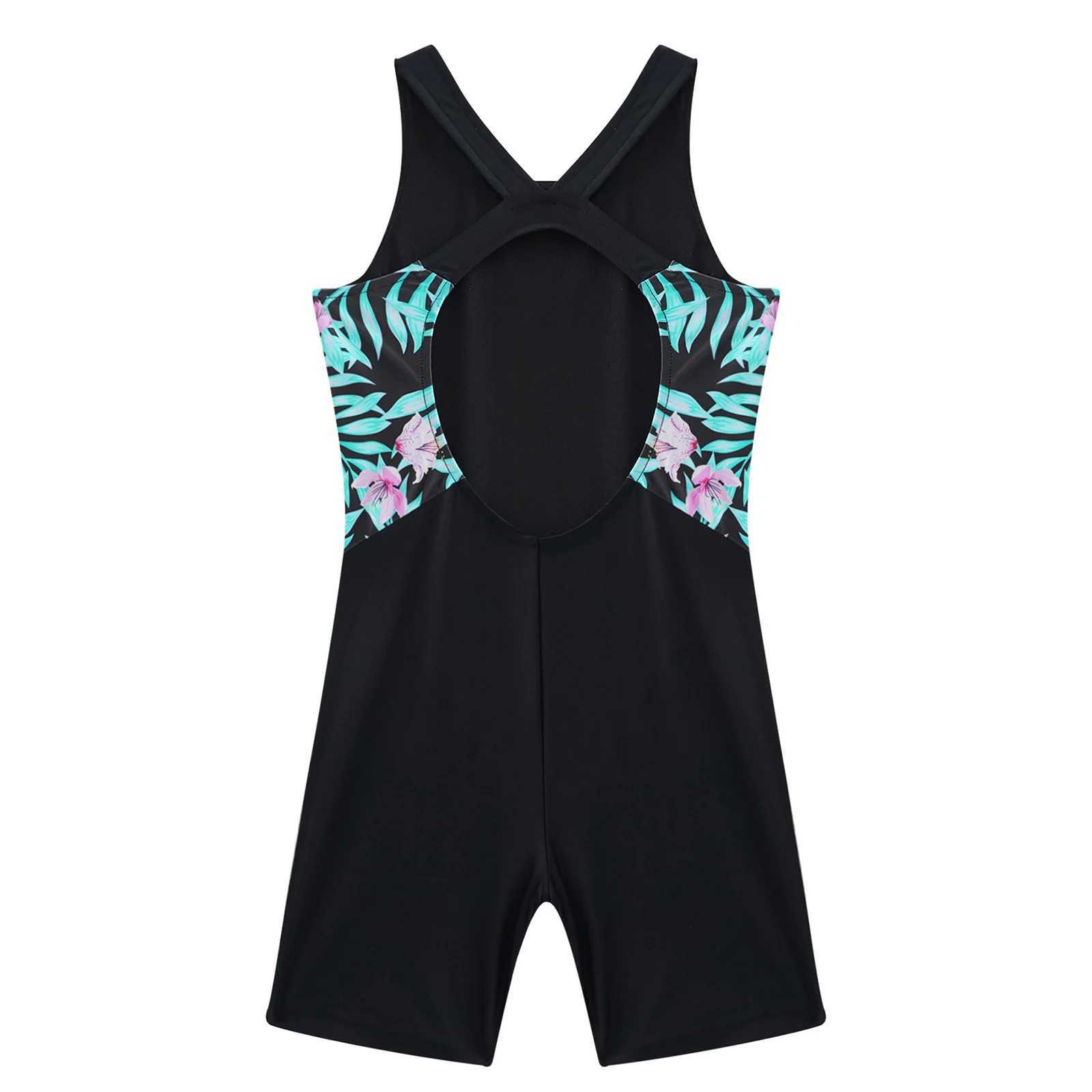 Kids Girls One-piece Swimwear Swimsuit Round Neck Open Back Print Short Jumpsuit Bodysuit for Beach Pool Swimming Bathing Suit Z250214