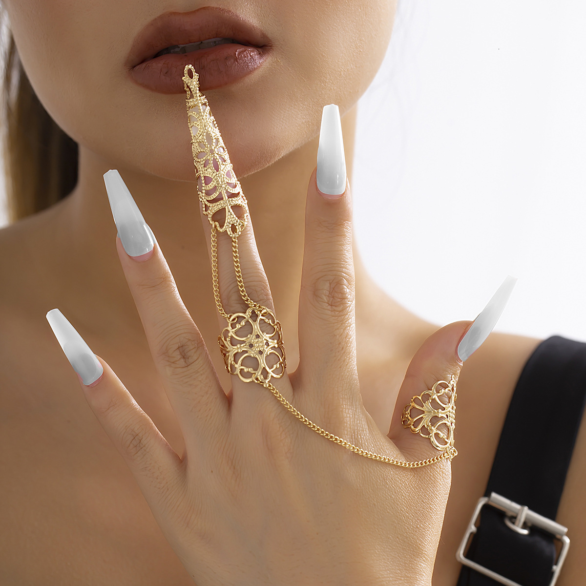 women fashion Adornment Gothic hollow conical nail set with finger ring, niche metal tassel ring