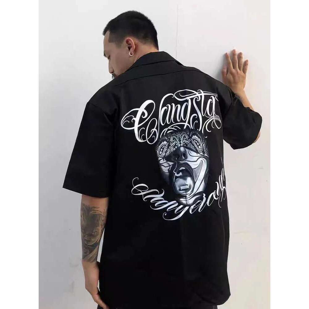 West Coast Haruku Hip Hop Graffiti Letter Print Summer Shirts Y2k Men And Women Lapel Oversize Casual Tops Spliced Retro Shirt