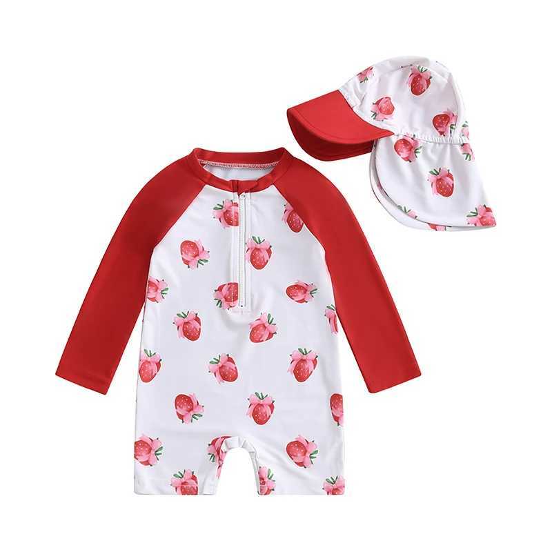 Toddler Girls Rash Guard Swimsuit with Hat 2 Pcs Set Bow Strberry Pattern Zip Up Long Sleeve Crew Neck Baby Girls Swimwears Z250214