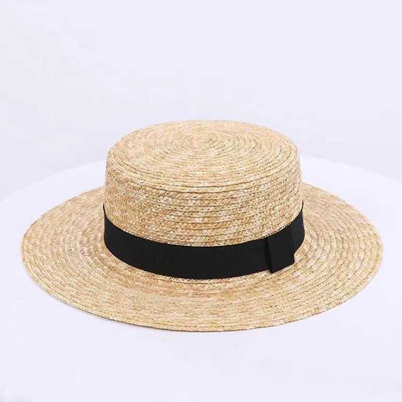 Summer unisex handmade natural wheat straw hat womens sun hat with bow wide eaves flat top hat mens beach solid hat sunscreen A1 Y250213