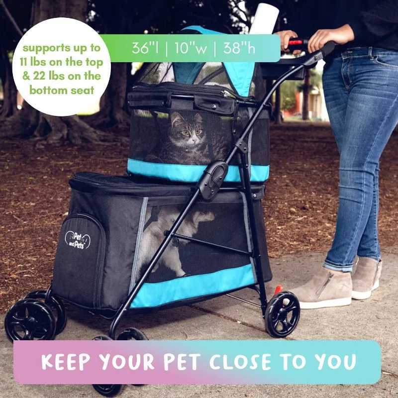Others Dog Carrier Double Decker Pet Stroller Black Dual Bassinets for Multiple Pets Removable Pee Pads Adjustable Leashes Mesh Windows H250213