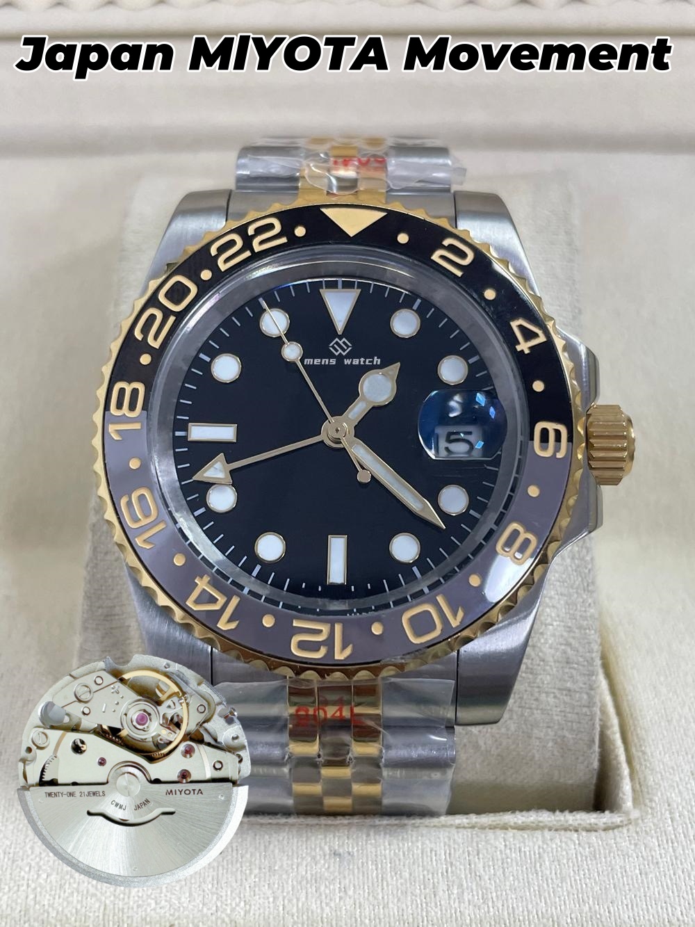 mens Automatic Mechanical Ceramic Watch, Full Stainless Steel Sliding Buckle Swimming Watch, Miyota Movement Sapphire Luminous Watch