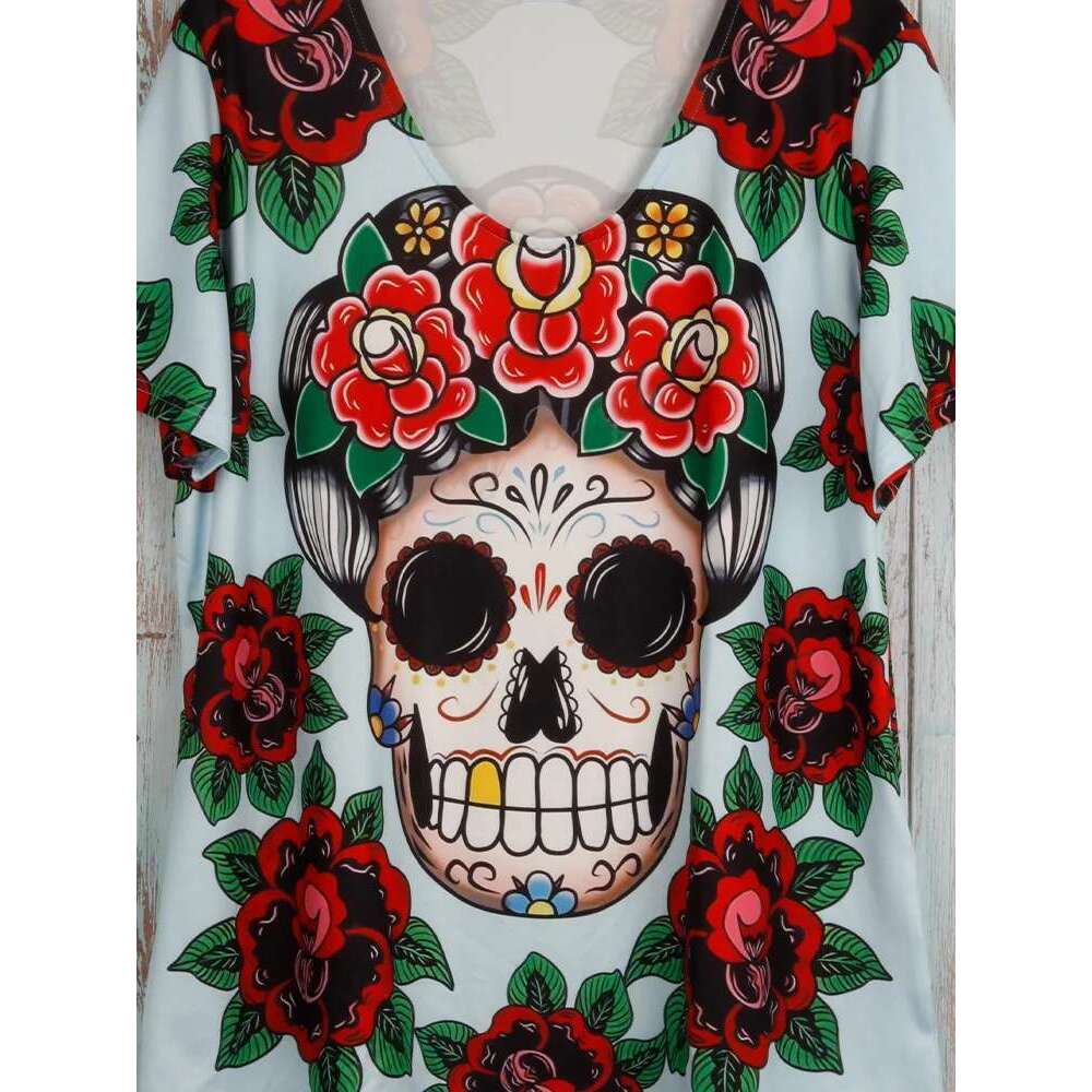 Ral Skull Print V Neck T-Shirt Casual Short Sleeve Top For Spring & Summer Women's Plus Size Clothing