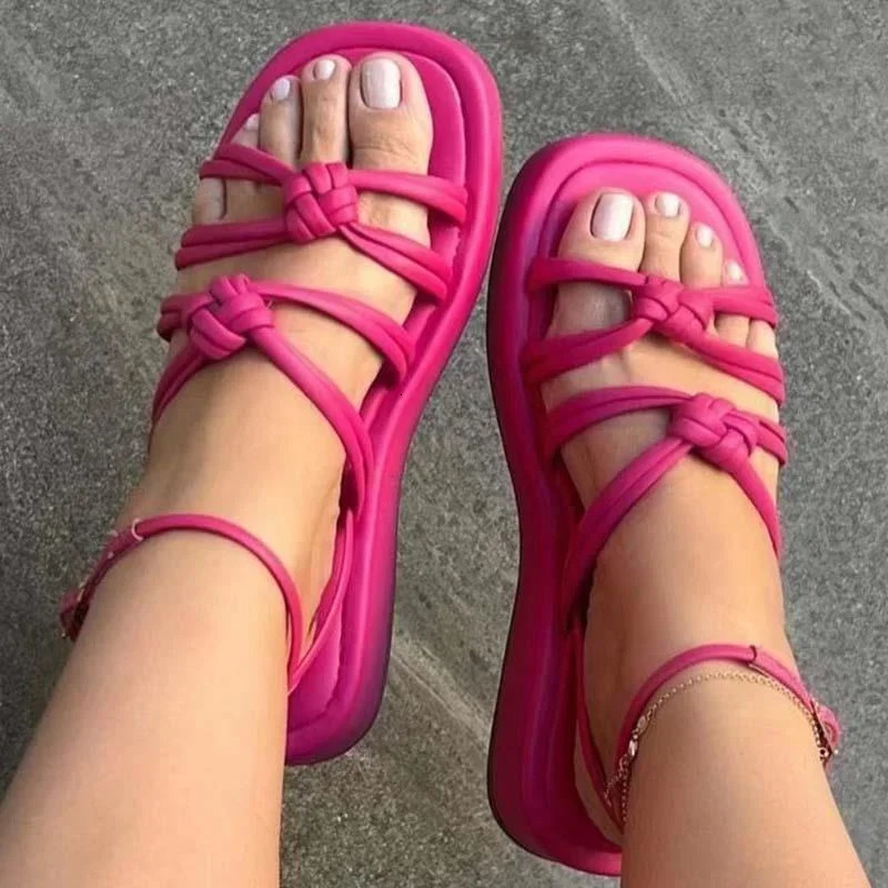 Women Sandals Bohemian Style One Line Buckle Summer Sandals Flat Heels Shoes For Women Platform Weaving Beach Sandals Footwear 250122