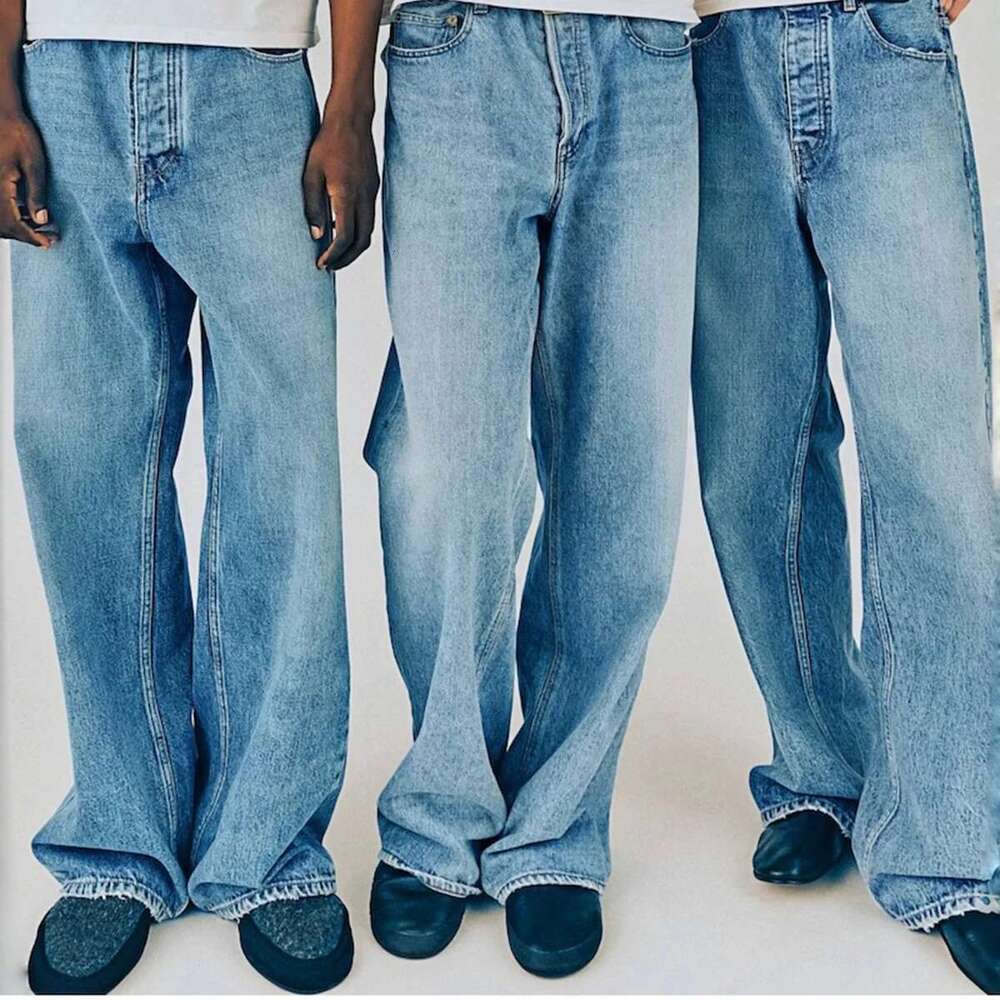 High Street Vintage Washed Blue Jeans For Men Straight Casual Loose Cleanfit Denim Trousers Oversized Cargo Pants