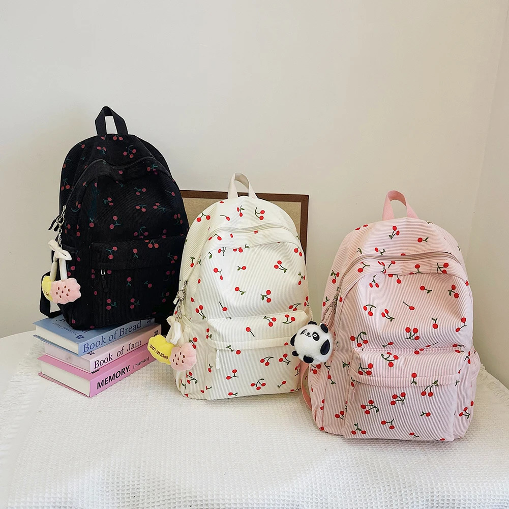 Corduroy Backpack Cherry Pattern Women Travel Daypack Adjustable Strap Laptop Backpack Zipper for Work Shopping School 250214