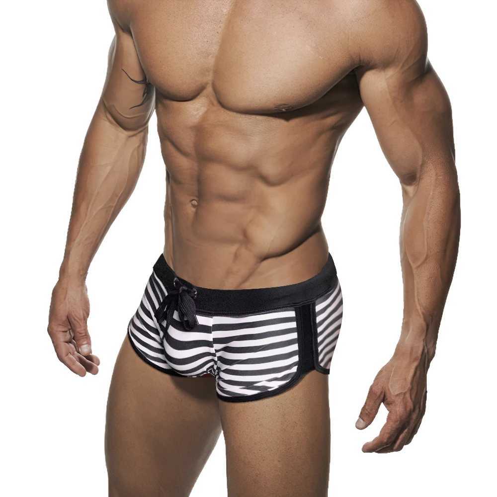 Summer Mens Striped Swimming Trunks Sexy Side Split Bathing Suit Sport Beach Surfing Swimwear Male Quick Dry Pouch Boxer Shorts W250214