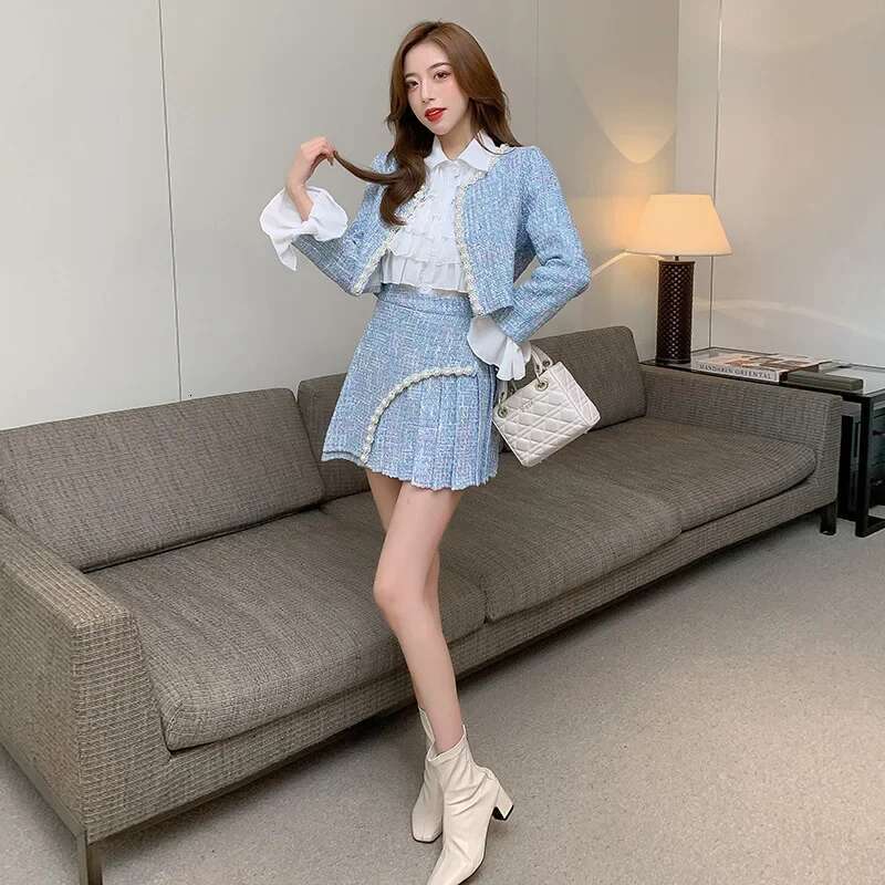 New Style Jacket Socialite Suit Coarse Tweed Plus Size Outwear High Waist Skirt Shirt Three Piece Set For Mid...