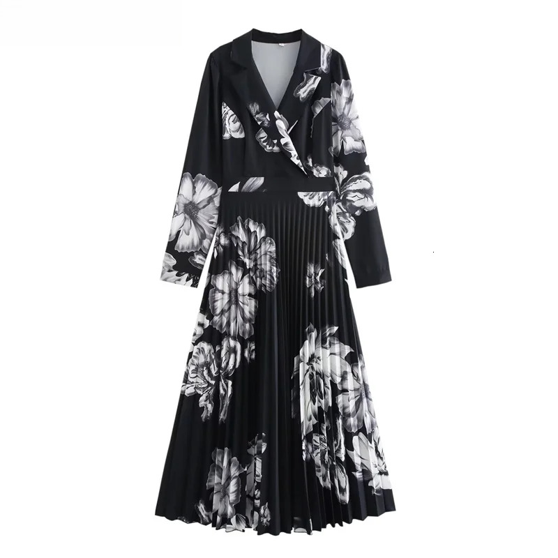 2025 Autumn New Women's Ral Print Pleated Dress French Style Fashion Notched Collar Slim Long Sleeve MIDI Dresses