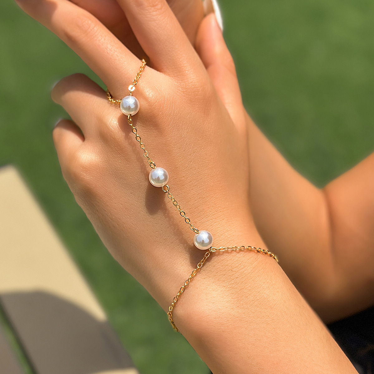 Woman Jewelry Ethnic Feng Shui Dia Finger Beach Chain Imitation Pearl Metal fashion Bracelet