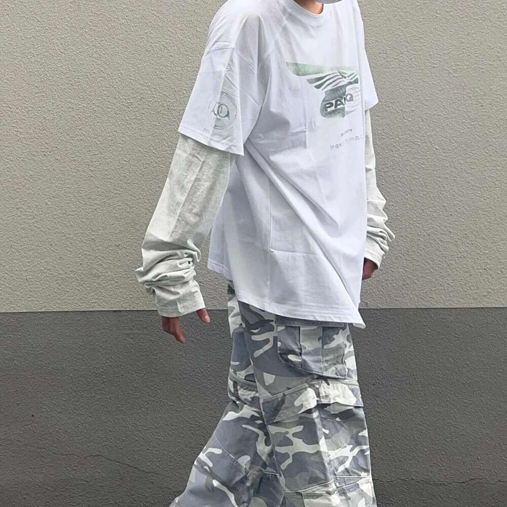 24Fw Fake Two Pieces Long Sleeved Tee Mens And Womens Wings Oversized Washed Cotton Casual Top Tees Round Neck Loose T-Shirt