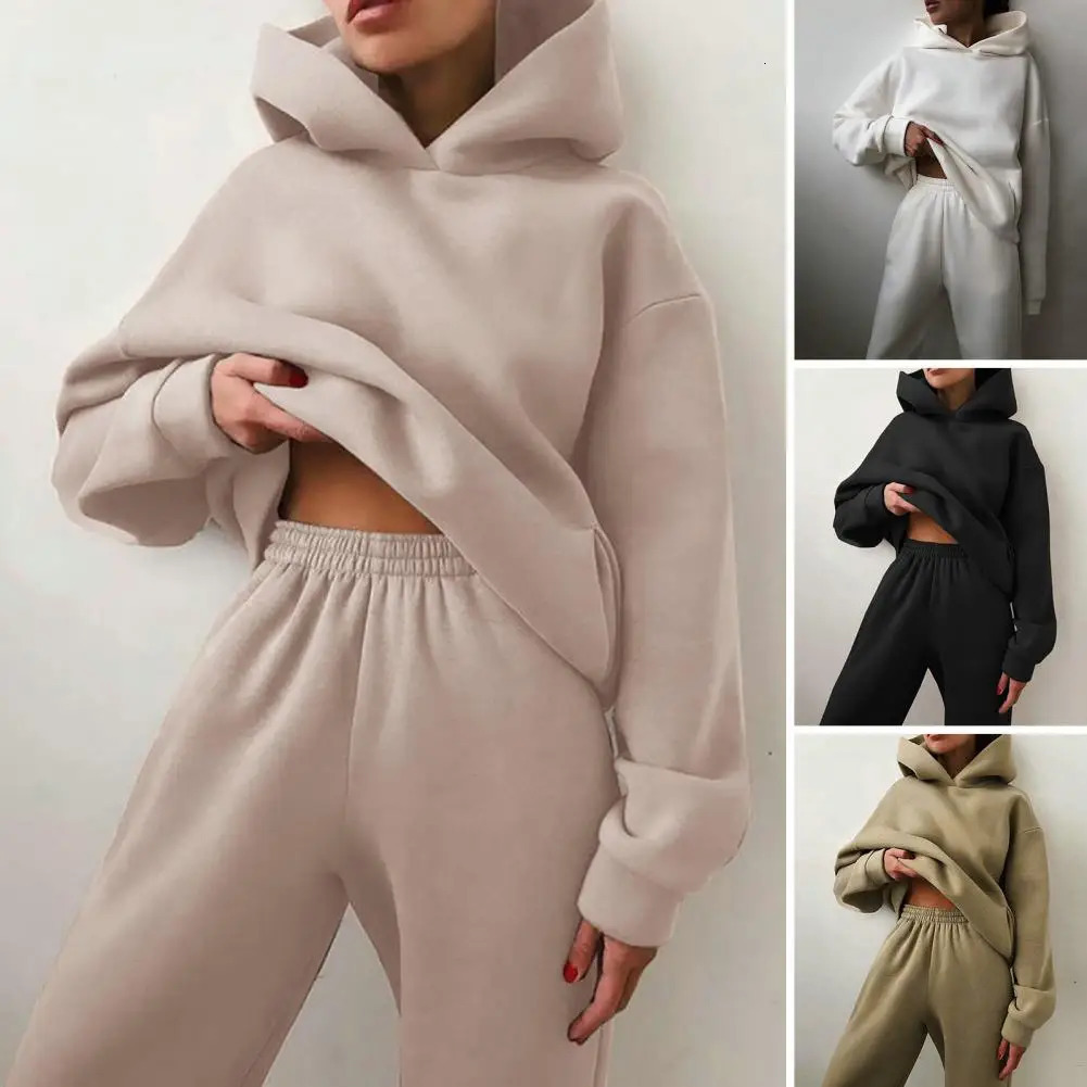 Women Winter Fall Tracksuit Suit Hoodie Pants Set Loose Soft Casual Warm Elastic Waist Pockets Thick Jogging Top Trousers Set 250210