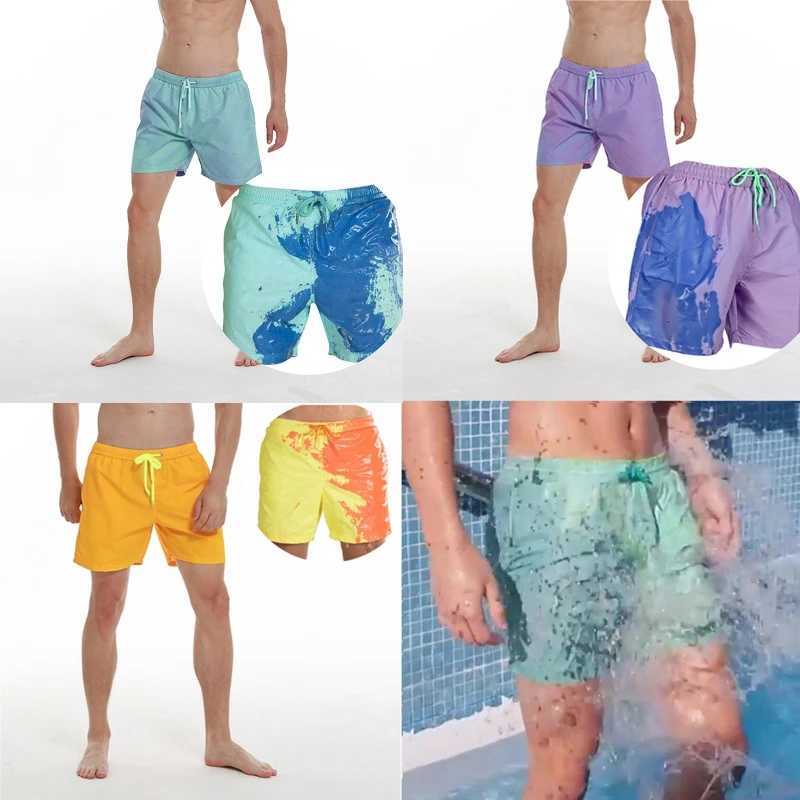 Mens Summer Beach Shorts Temperature Sensitive Color Changing Swim Trunks Drawstring Quick Dry Water Sports Pants S-3XL W250214