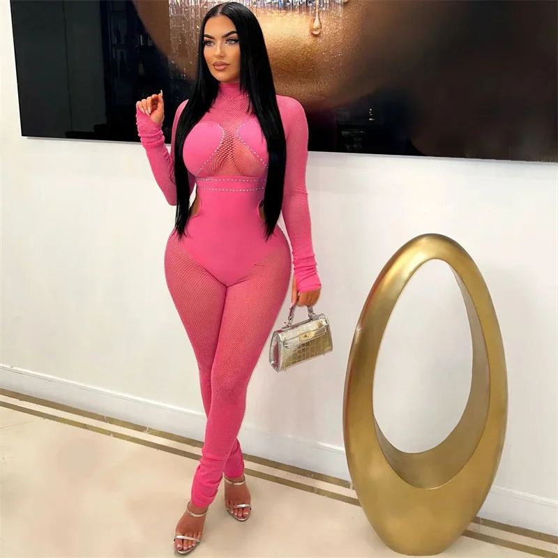 Sexy See Through Patchwork Mesh Jumpsuit Women Long Sleeve Hollow Out Skinny Night Club Outfits One Pieces Rompers Overalls Body 250213