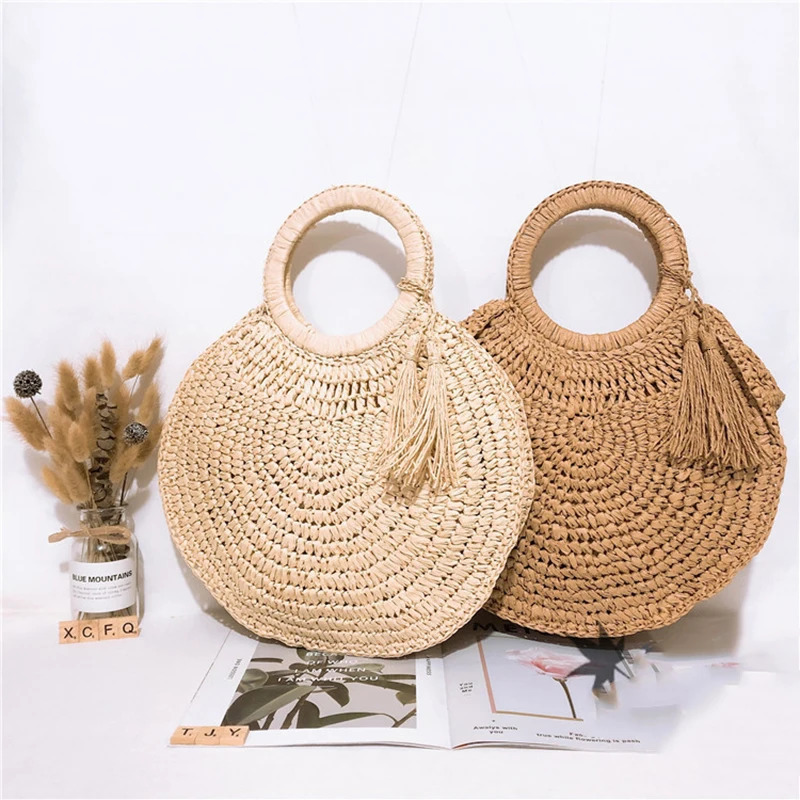 Straw Bag Rattan Woven Round Tassel Handbag For Women Large Capacity Shoulder Tote Purse Ladies Holiday Wood Handle Shopping Bag 250207