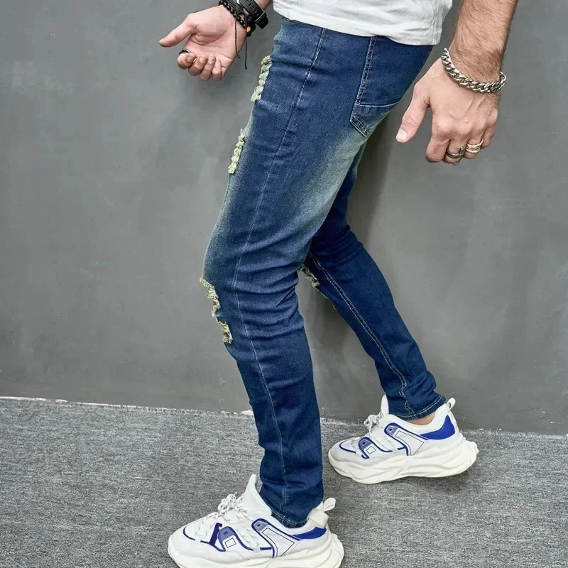 Style Mens Personalized Ripped Solid Color Skinny Jeans Stretch Little Foot Streetwear Motorcycle Denim Trousers Male 250210
