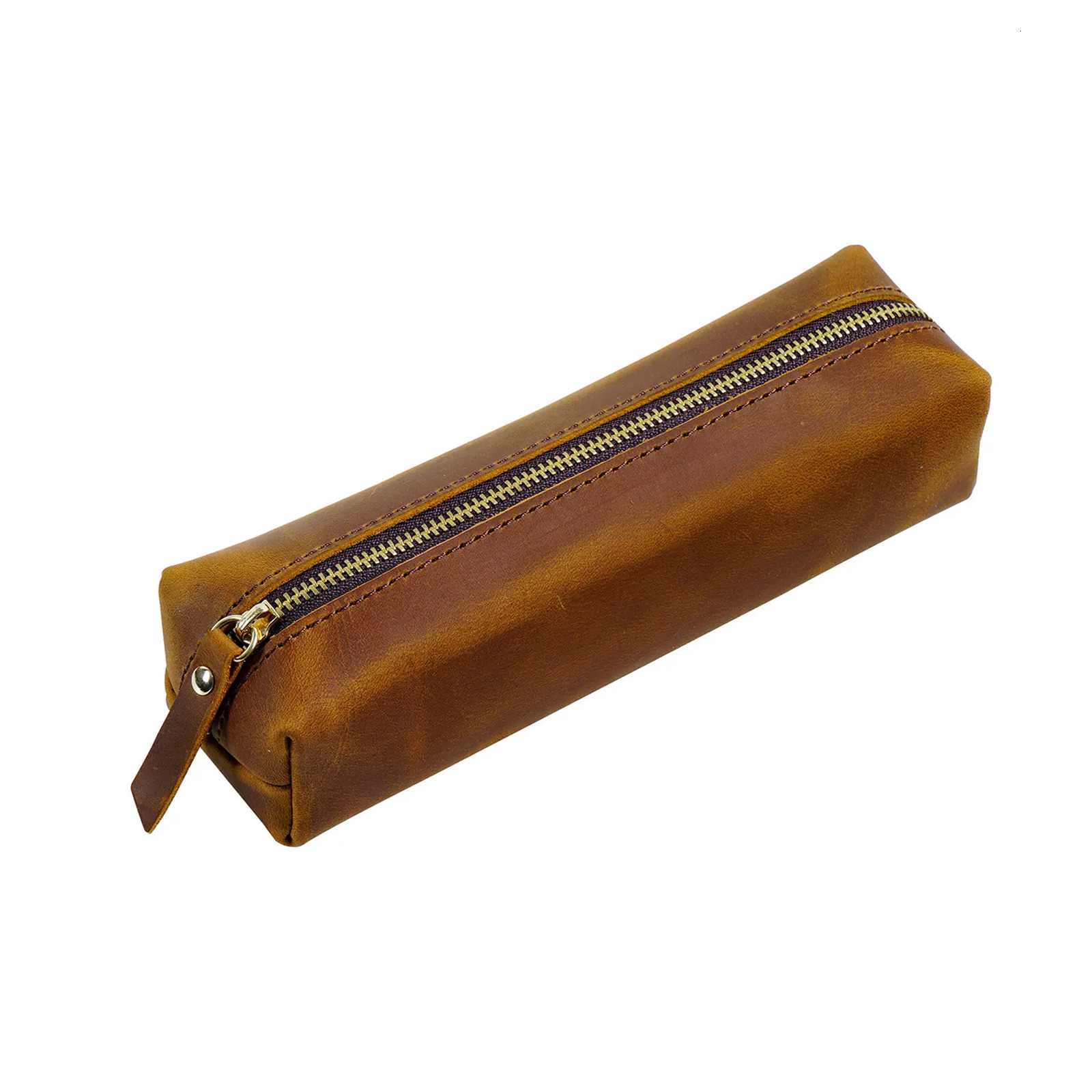 Handmade Genuine Leather Zipper Pen Bag Retro Neutral Large Capacity Pencil Case School Stationery Wholesale 250210