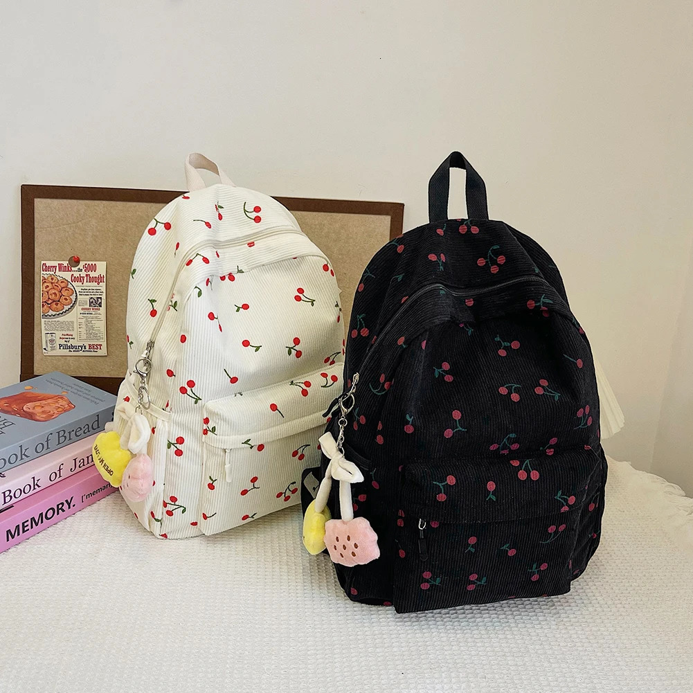 Corduroy Backpack Cherry Pattern Women Travel Daypack Adjustable Strap Laptop Backpack Zipper for Work Shopping School 250214
