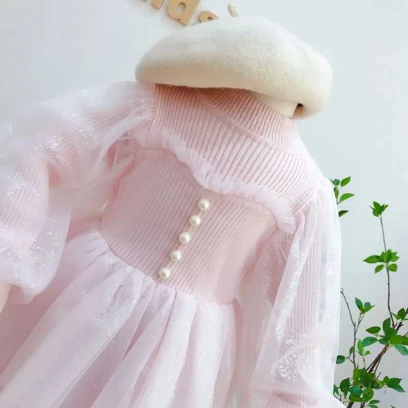 Korean Sle Girls Dress 2025 Spring Autumn Long Sleeves Mesh Pearl Sweet Fashion Little Princess Dress 3-10 Years Kids Clothes Z250214