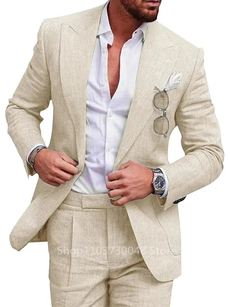 Light Blue/Beige Linen Wedding Men Suit Casual Single Breasted Slim Fit Blazer Pants High Quality Summer 2 Piece Costume Mens 250213