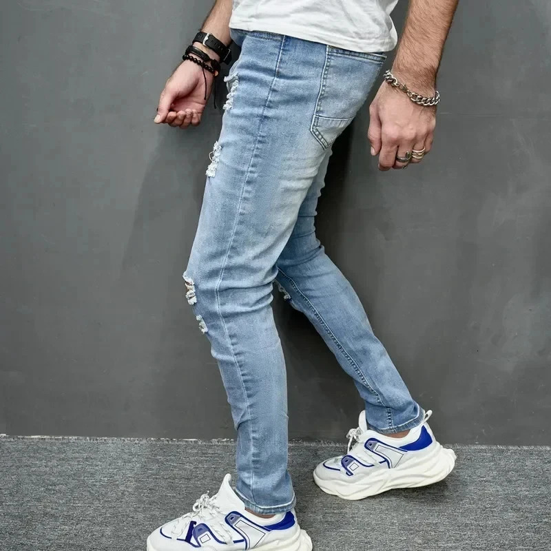 Style Mens Personalized Ripped Solid Color Skinny Jeans Stretch Little Foot Streetwear Motorcycle Denim Trousers Male 250210