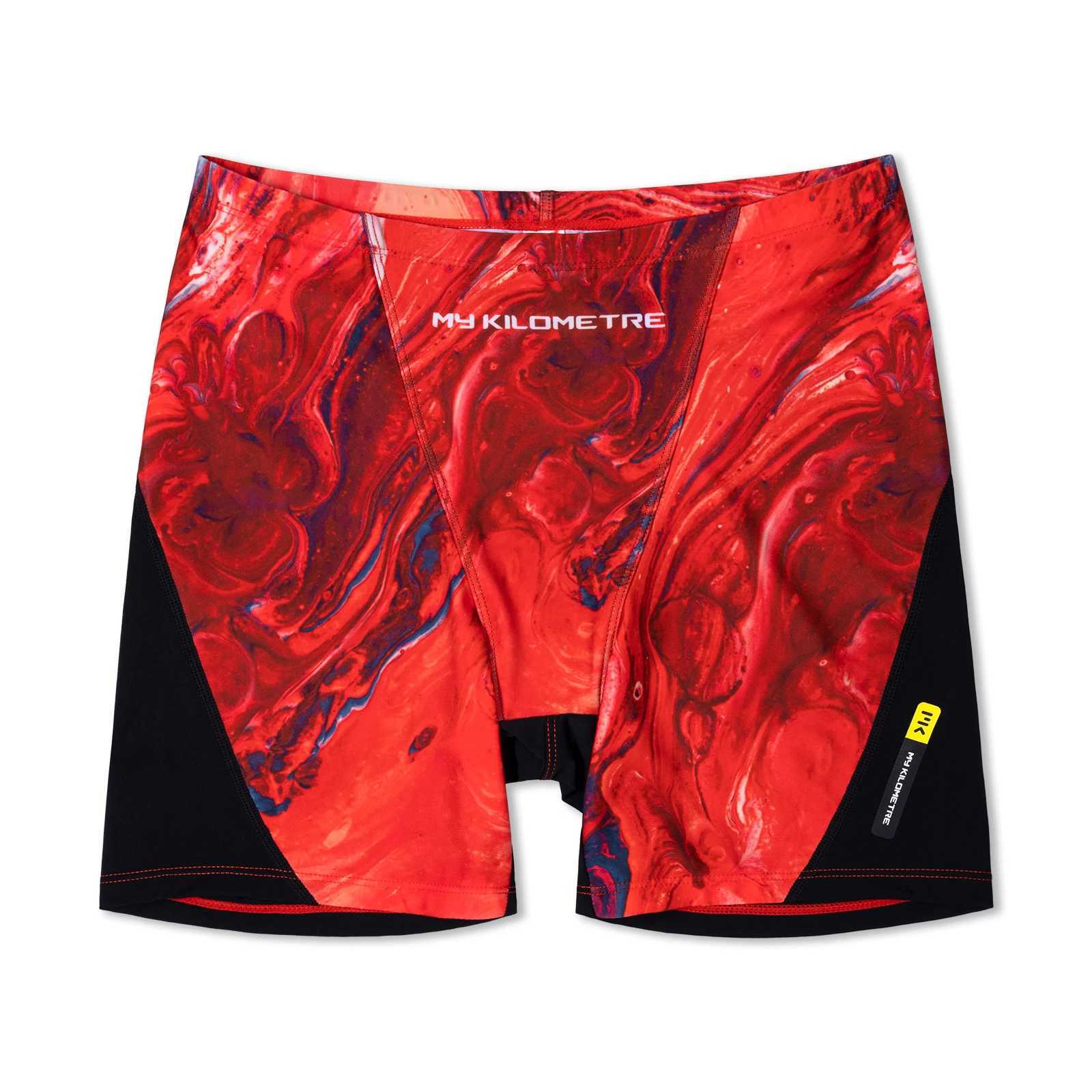 MY KILOMETRE Mens Square Leg Athletic Swim Jammers Lava Red Durable Training Splice Swimsuit Athletic Swimwear Swimming Trunks W250214