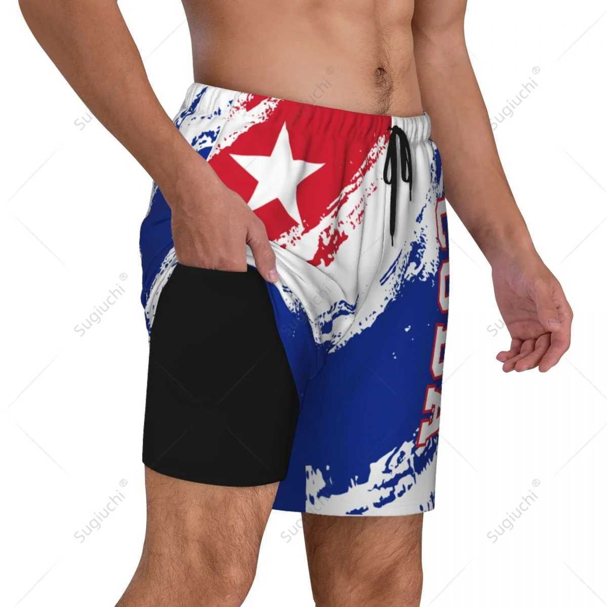 Cuba Flag Color 3D Mens Swimming Beach Surfing Pants Swim Shorts Trunks Compression Liner 2 in 1 Quick-DryT250213