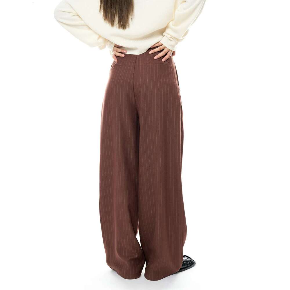 Women's Striped Wide Leg Suit Fall Double Pleated Trousers Smooth Drape Loose Pant