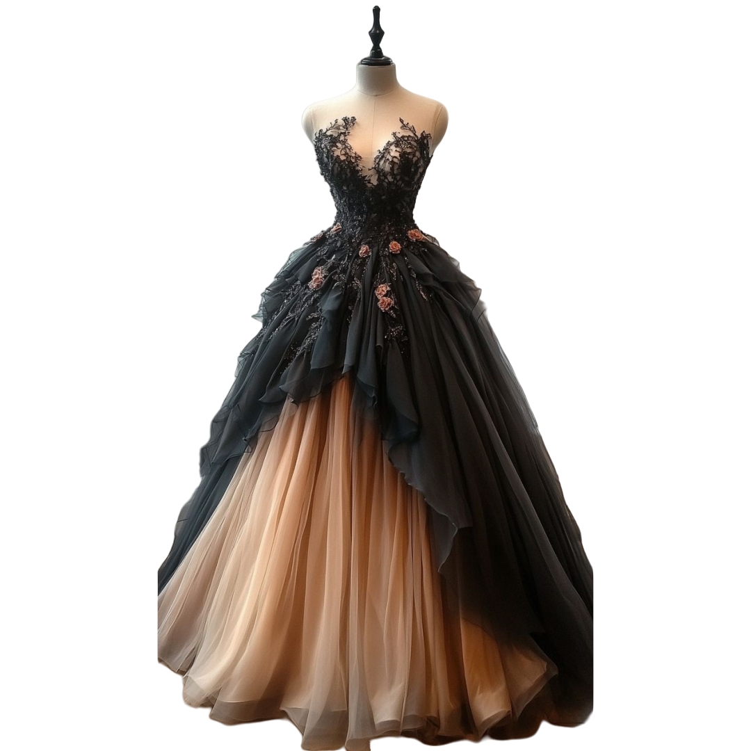 Vintage Black And Peach Evening Dresses With Lace Appliques Illusion Jewel Neck Sleeveless A-Line Floor Length Prom Gown Gothic Special Occasion Gown 