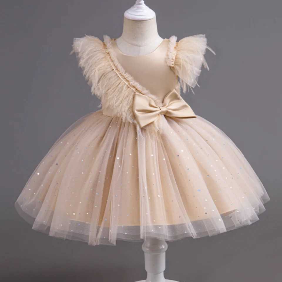 Summer Girls New Bow Sequin Flying Sleeves Mesh Fluffy Skirt Piano Competition School Graduation Ceremony Dress Z250214