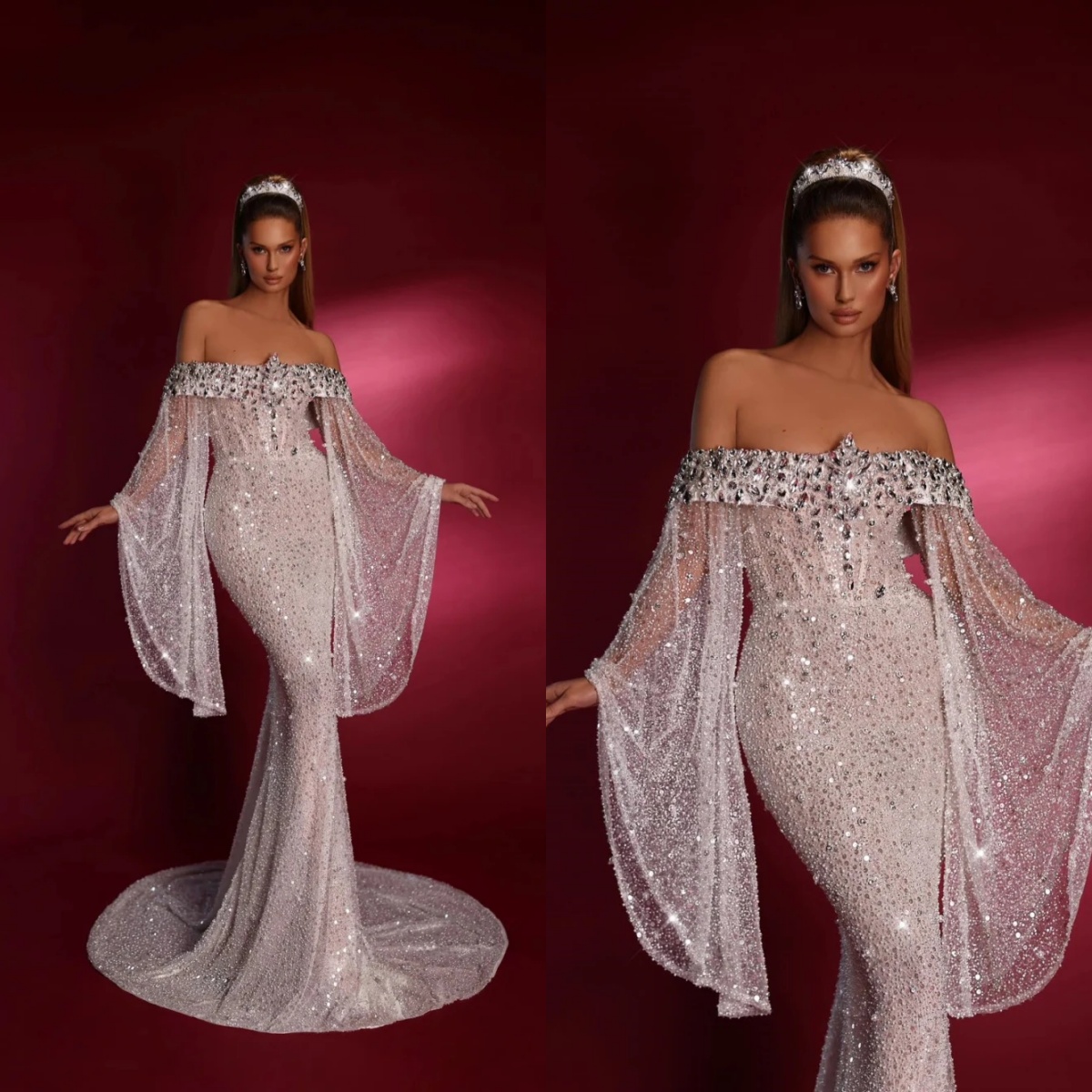 Designer Mermaid Wedding Dress Off Shoulder Long Sleeves Bridal Gowns Sequins Crystal Sweep Train Dresses Custom Made vestidos de novia