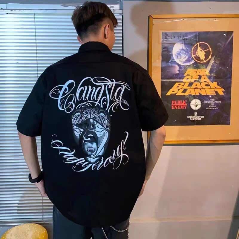 West Coast Haruku Hip Hop Graffiti Letter Print Summer Shirts Y2k Men And Women Lapel Oversize Casual Tops Spliced Retro Shirt