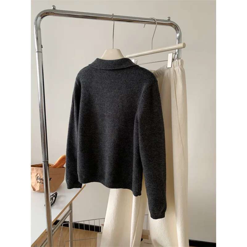 2025 Fall Grey Polo's Pullover Women's Autumn Winter Loose Slimming Long Sleeved Knitted Sweater
