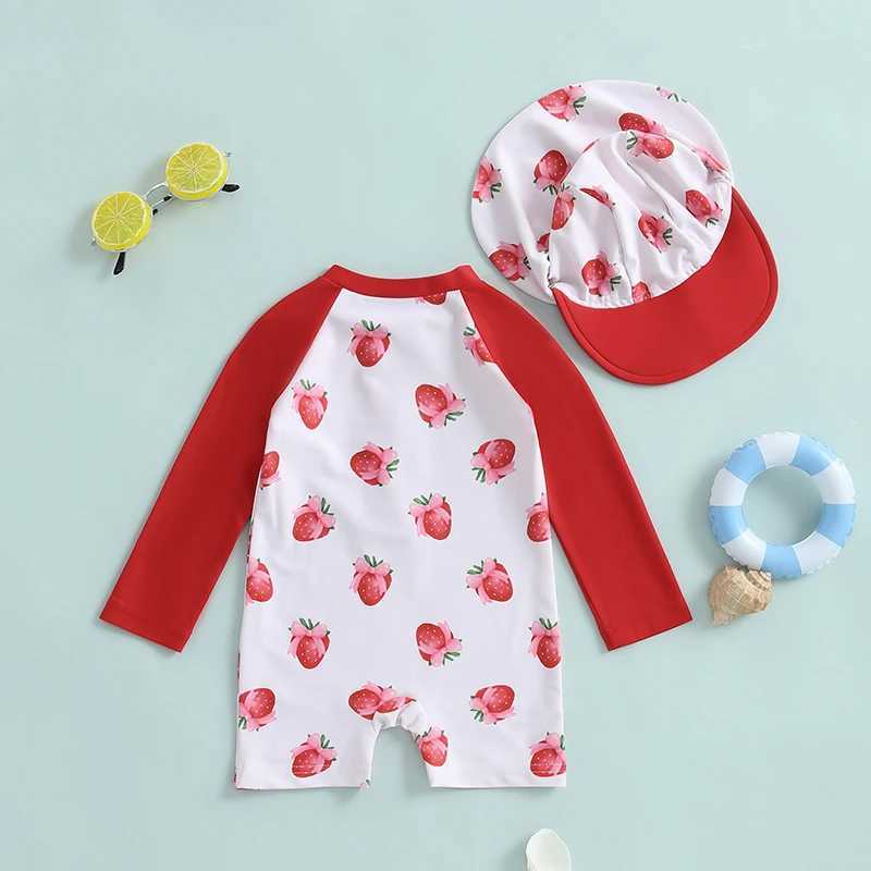 Toddler Girls Rash Guard Swimsuit with Hat 2 Pcs Set Bow Strberry Pattern Zip Up Long Sleeve Crew Neck Baby Girls Swimwears Z250214