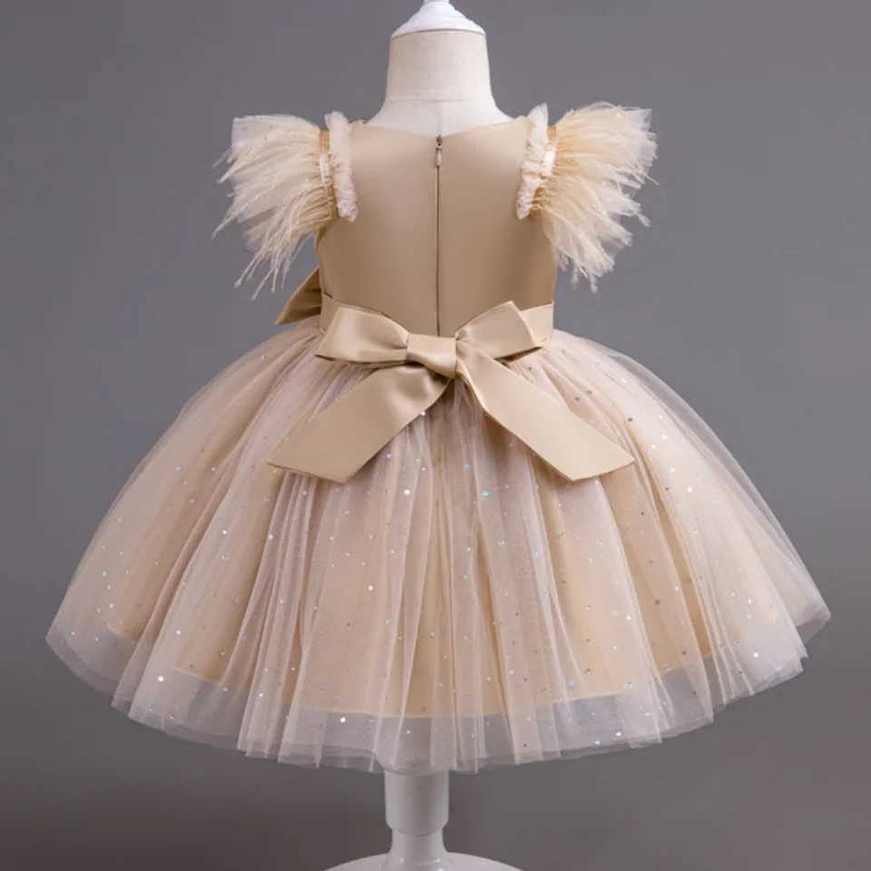 Summer Girls New Bow Sequin Flying Sleeves Mesh Fluffy Skirt Piano Competition School Graduation Ceremony Dress Z250214