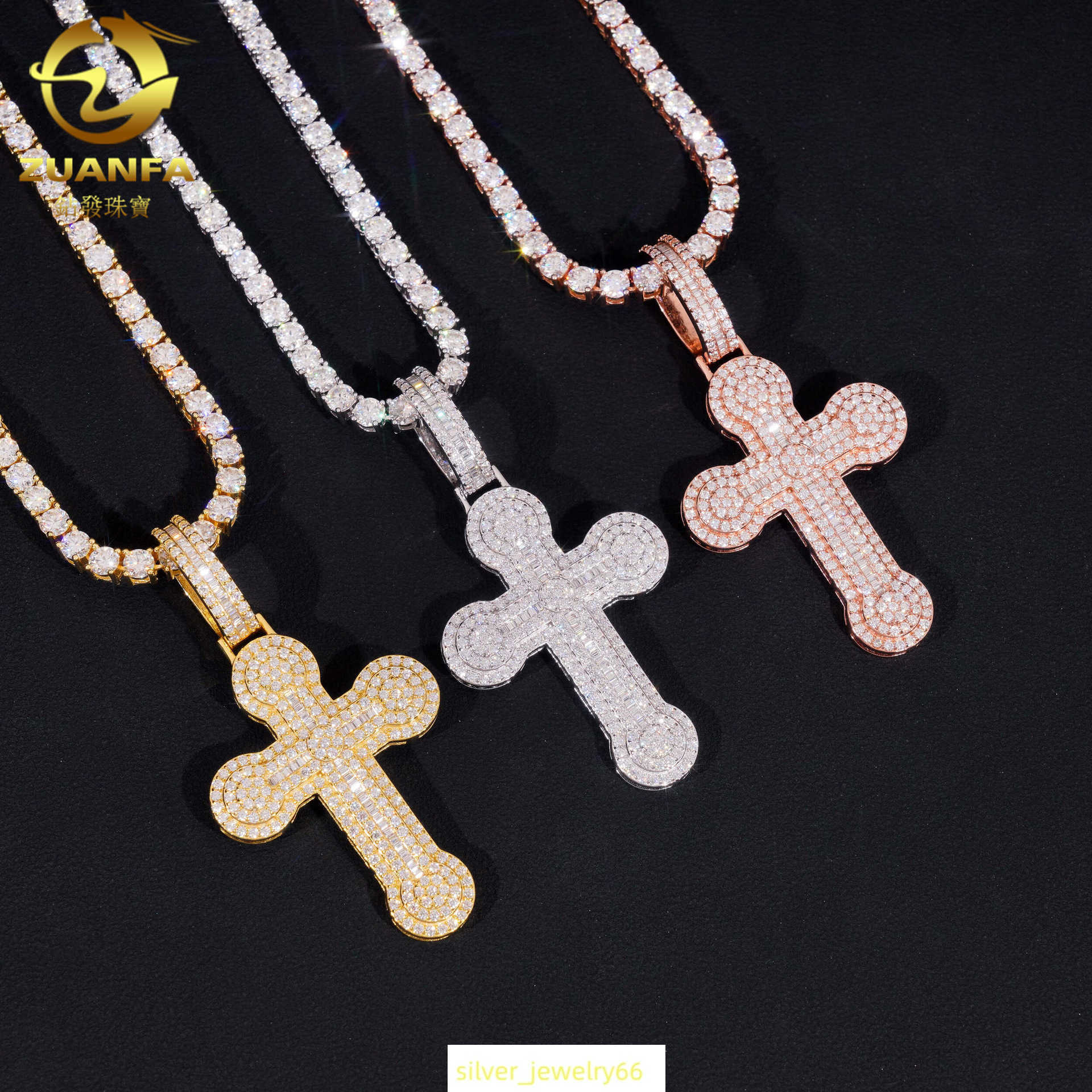 New S925 Silver Moissanite Cross Pendant with Diamond Hair Jewelry Can Thread Through Tennis Chain with Diamond Pen in Seconds