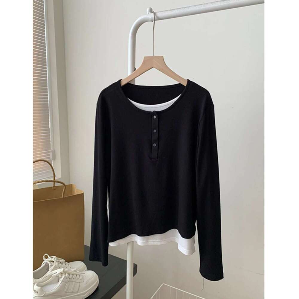 Women's Front Double Layers Henry Shirt Casual Long Sleeve Crew Neck Tunic Basic Fall Tops Black T-Shirts