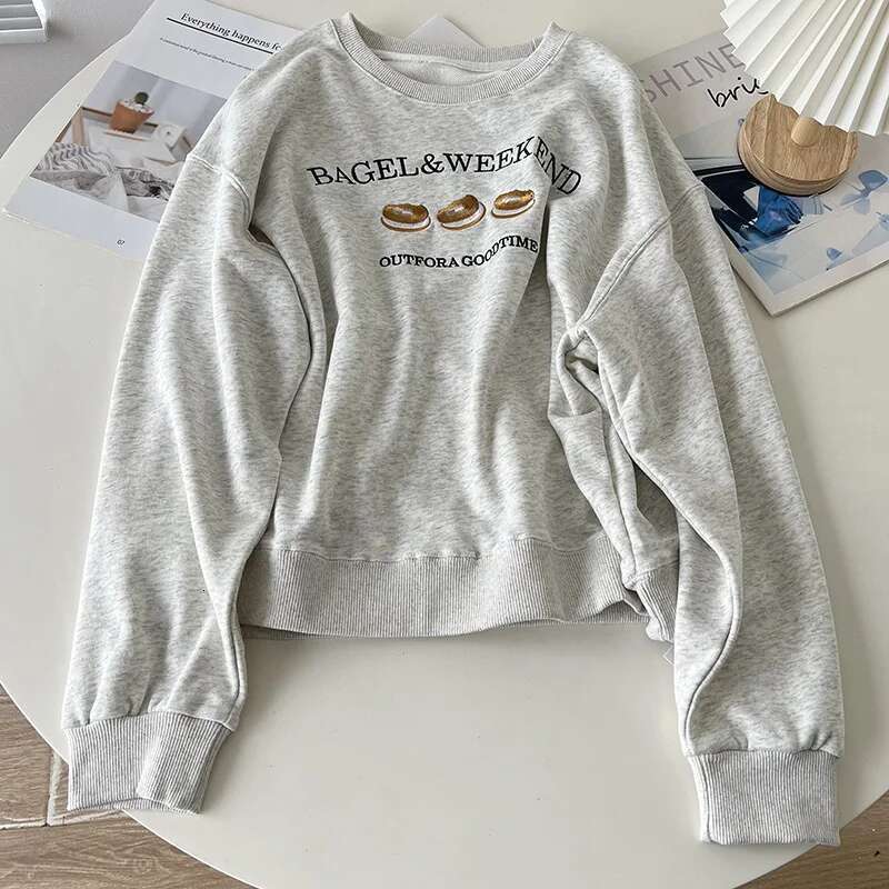 Pattern Embroidered Round Neck Sweatshirt Women, Autumn Cotton Loose Letter Long Sleeved Top