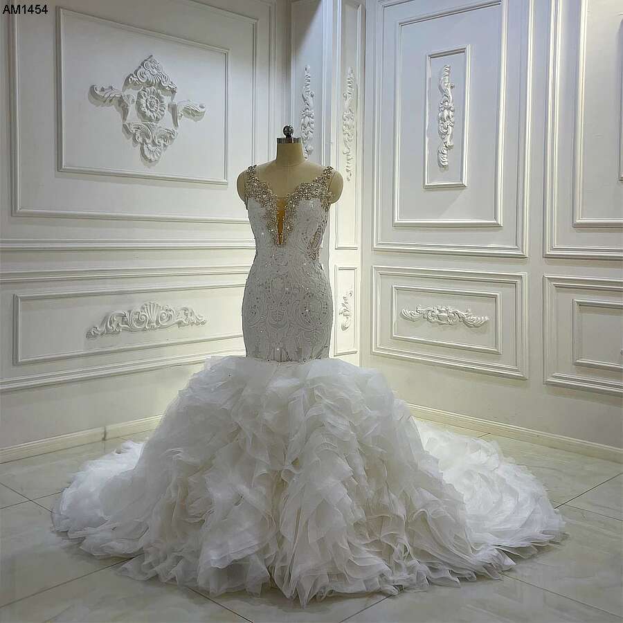 AM1454 New Design Lace deep V-neck 2 In 1 Ruffles Mermaid Wedding Dress