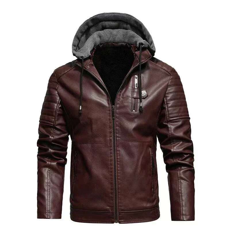 Fashion Men's Hooded Autumn Winter Faux Leather Jacket Men Military Style Outwear Motocycle New Brand Zipper Pockets Coat